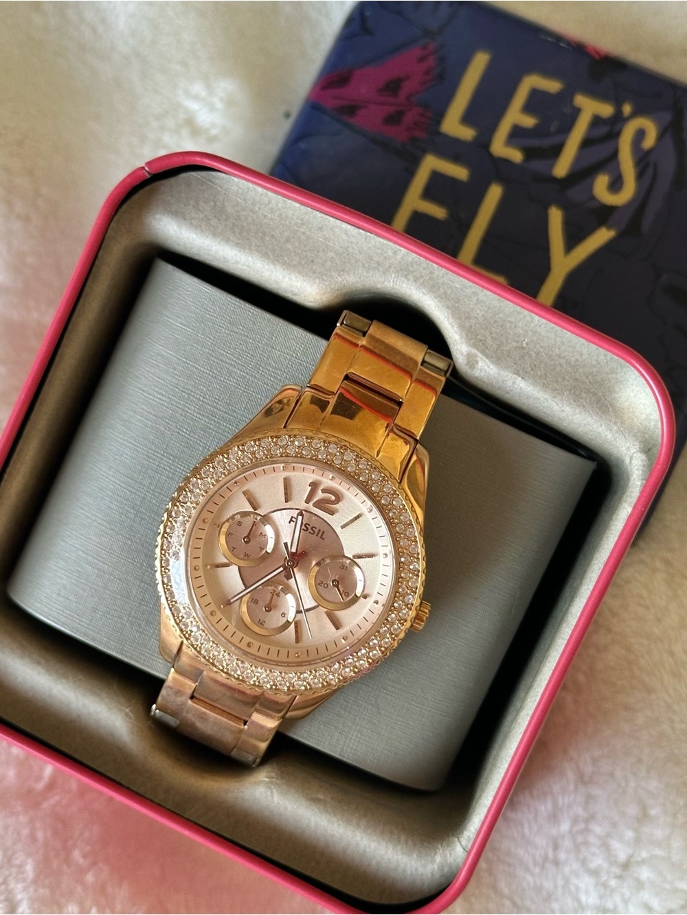 ⭐️NWT Fossil Rose Gold Crystal Bezel Chronograph Bracelet Watch